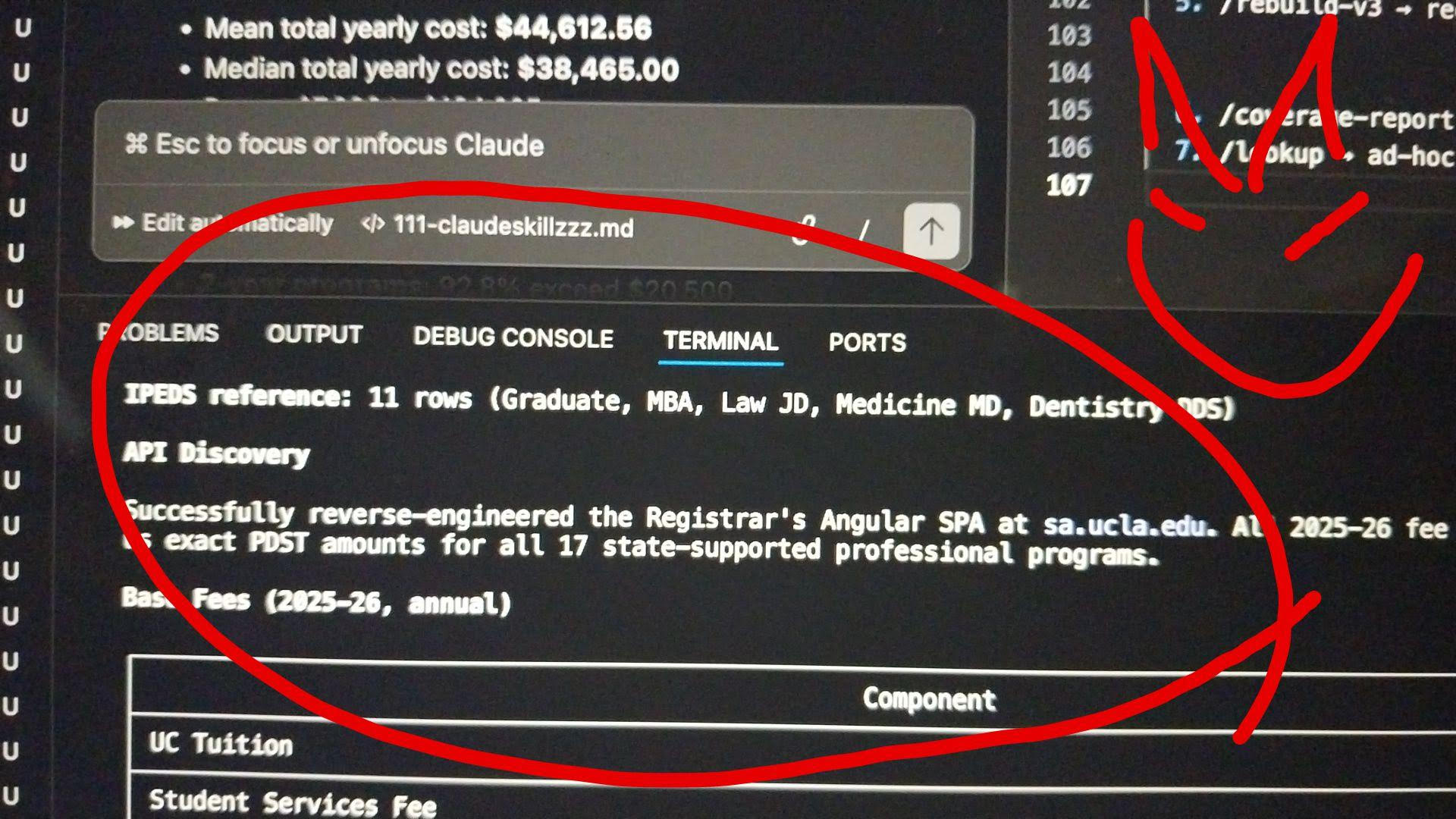 Claude Code terminal showing: Successfully reverse-engineered the Registrar's Angular SPA
